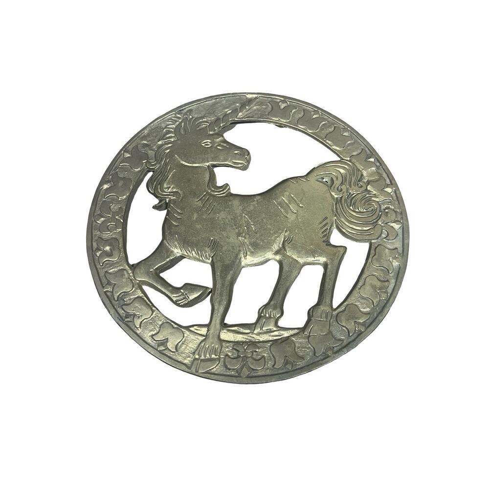 Vintage Solid Brass Unicorn Trivet Hot Plate Wall Hanging Décor Footed w/Box